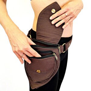 Utility belt Fanny pack Bag 2 in 1 for waist or shoulder 3 pockets Minimalist style Unisex Brown cotton The Panbelt image 3