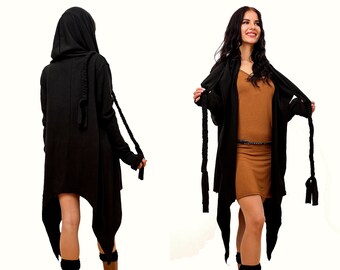 Cardigan ~ Gilet à manches ~ Cape ~ Veste asymétrique avec trous de pouces ~ Noir ~ Le cardigan Plaited