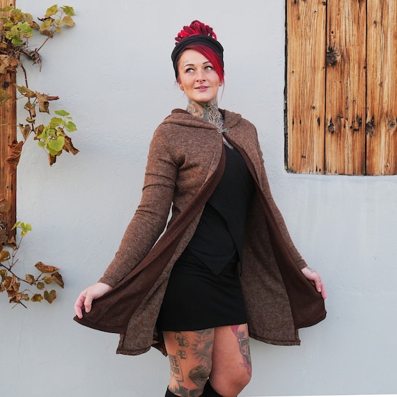 Long Cardigan Knitted Top Big Hoodie Thumb Holes Elven Brown