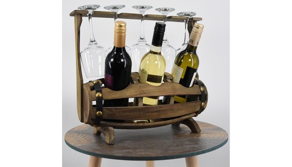 Wooden Barrel Wine Rack Bottle Glass Holder Untreated Wood Etsy