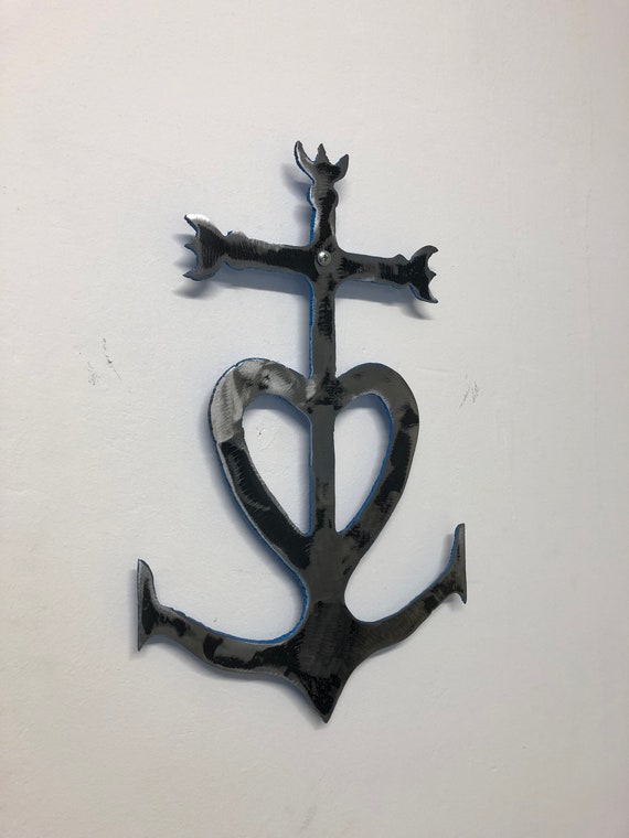 Ancienne Broche De Deuil En Jais Français – Croix Camarguaise, Coeur Et Ancre