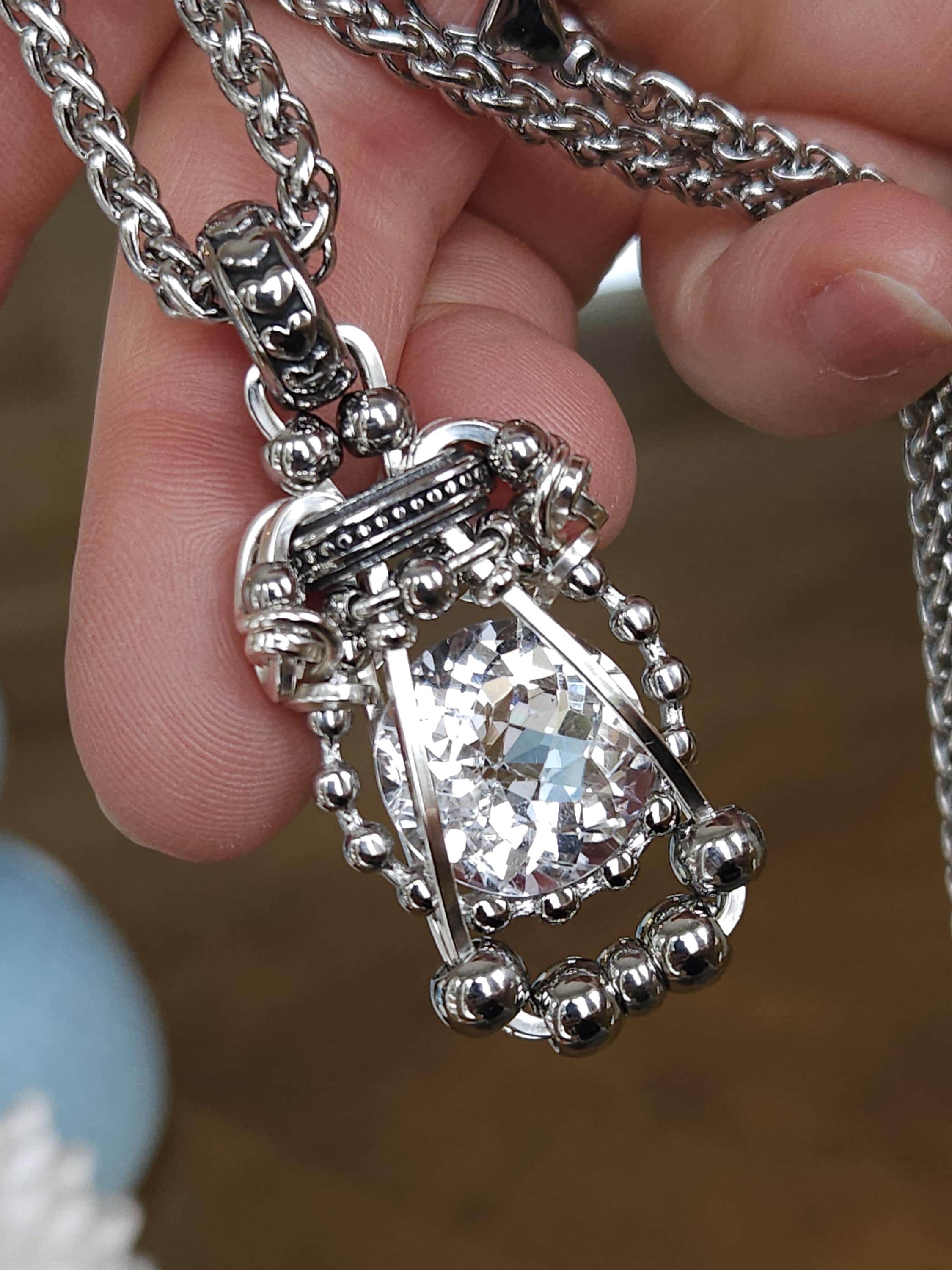 GLORYANA* Round Faceted Clear Quartz Sterling Silver & Steel Talisman, Clear Quartz Pendant, Natural Crystal Pendant, Stainless Steel Chain