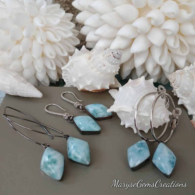 Kite Shape Larimar Earrings 3 Styles Genuine Larimar Sterling Silver Earrings Long hooks Hoops Real Larimar Silver Earrings Fancy Hooks