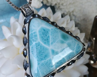 Exquisite Larimar Sterling Silver Pendant Necklace, Natural Larimar Pendant, Atlantis Stone Pendant, 20" Franco Style Sterling Silver Chain