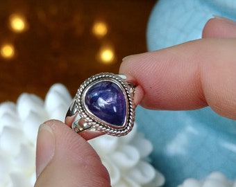 Size 7.5 US Natural Tanzanite Solid Sterling Silver Ring, Smooth Polish Setting,  AAA Tanzanite, Drop Shape Tanzanite .925 Silver Ring