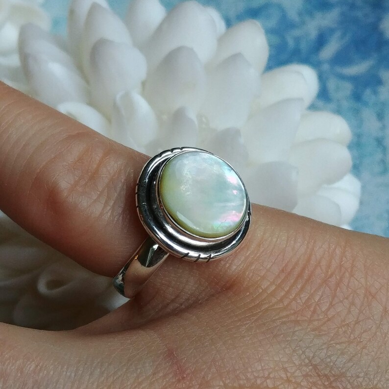 Natural Mother of Pearl Size 7 US Mother of Pearl ring 925 Solid Sterling Silver Ring Perfect Gift Round Shape Ring