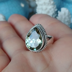 Green Amethyst Solid Silver Ring, 3 Sizes Available, 925 Solid Sterling Silver Ring, Drop Shape Natural Amethyst Ring, Prasiolite Ring