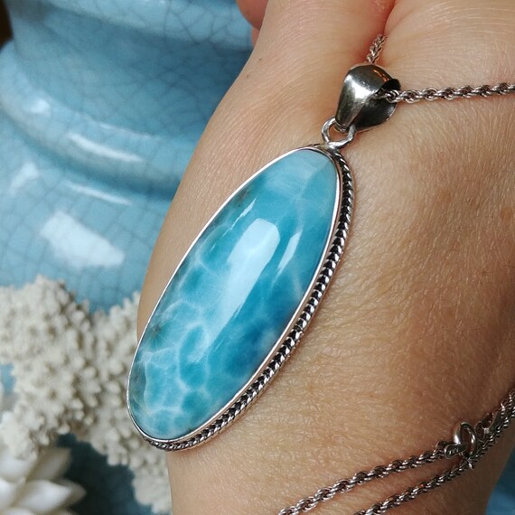 Sterling Silver Rare Dominican Larimar Pendant Necklace Sterling Silver Rare Dominican Larimar Pendant Necklace