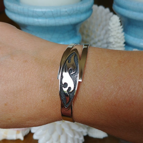 100% Solid .925 Sterling Silver Wave Design Antiqued Cuff Bracelet
