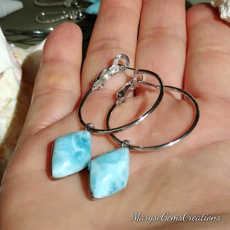 Kite Shape Larimar Earrings 3 Styles Genuine Larimar Sterling Silver Earrings Long hooks Hoops Real Larimar Silver Earrings Fancy Hooks