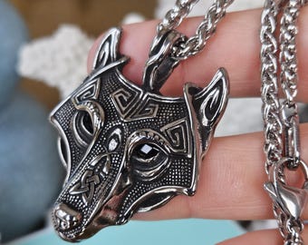 3D Stainless Steel FENRIR Wolf Pendant Necklace, Celtic Wolf Pendant Necklace, Stainless Steel Chain, Viking Norse Wolf Pendant, Black Agate