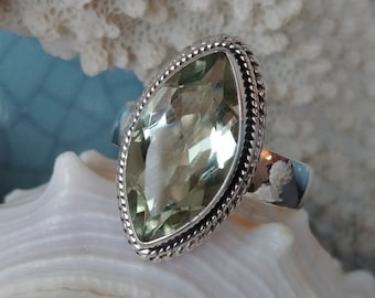 Green Amethyst Solid Silver Ring, 925 Solid Sterling Silver Ring, Natural Amethyst, Marquise Shape Ring, 2 Sizes, Prasiolite Ring