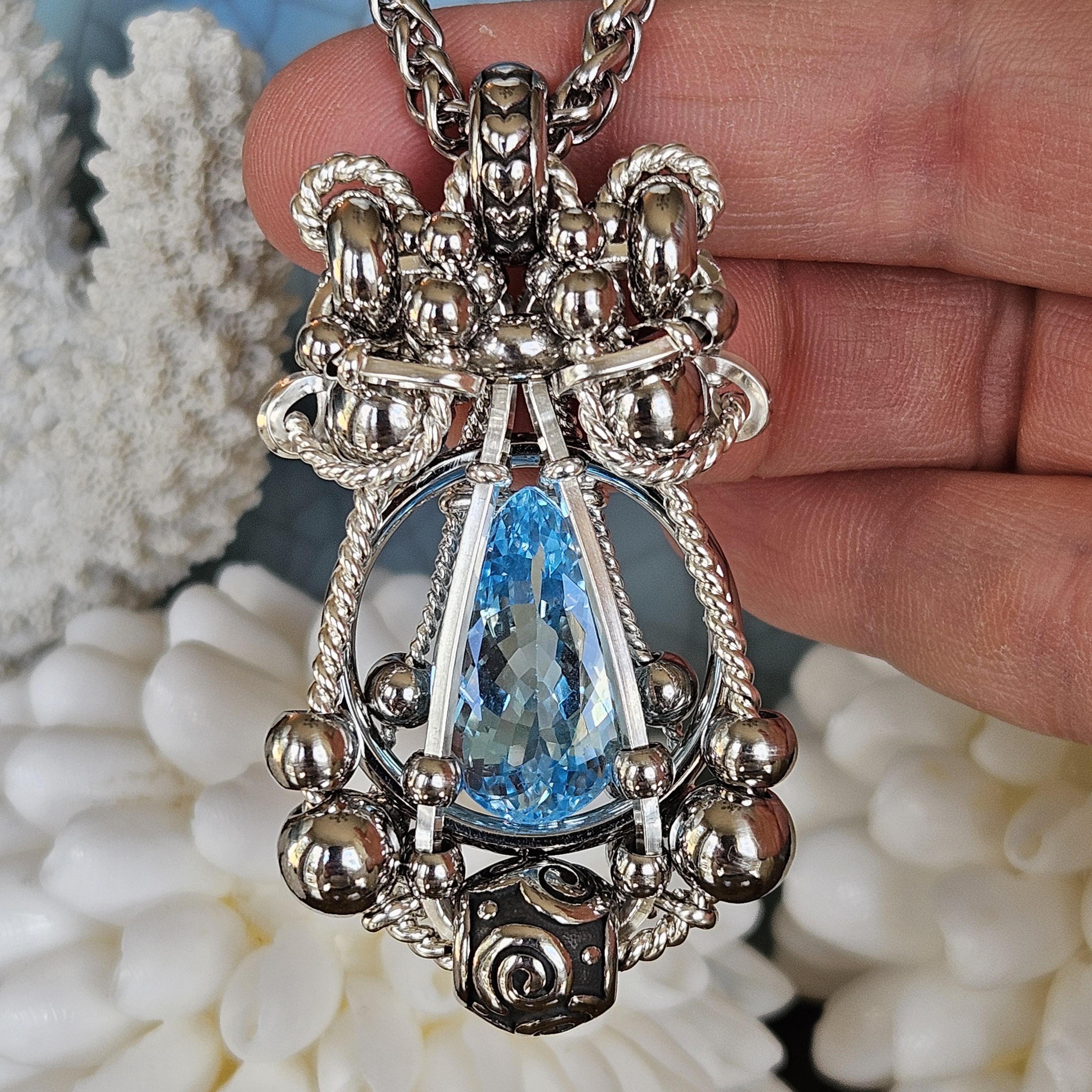 CELESTIAL WHISPERS* Whimsical Natural Blue Topaz Sterling Silver Pendant  Necklace, Drop Shape Blue Topaz Pendant, Stainless Steel Chain,