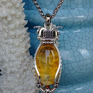 RESERVED for B* REVERENCE* Natural Citrine Sterling Silver & Steel Pendant Necklace, Wire Wrapped Citrine Pendant, Stainless Steel Chai