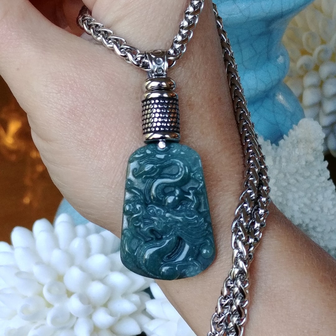 100 Natural Dragon Carved Jade Stainless Steel Pendant Necklace, Real