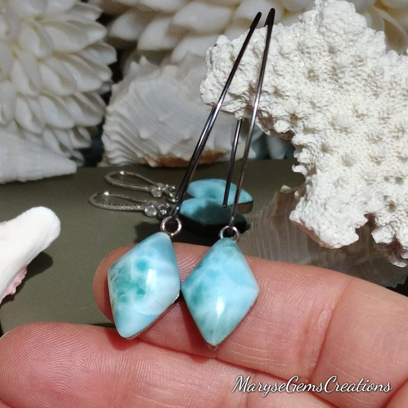 Kite Shape Larimar Earrings 3 Styles Genuine Larimar Sterling Silver Earrings Long hooks Hoops Real Larimar Silver Earrings Fancy Hooks
