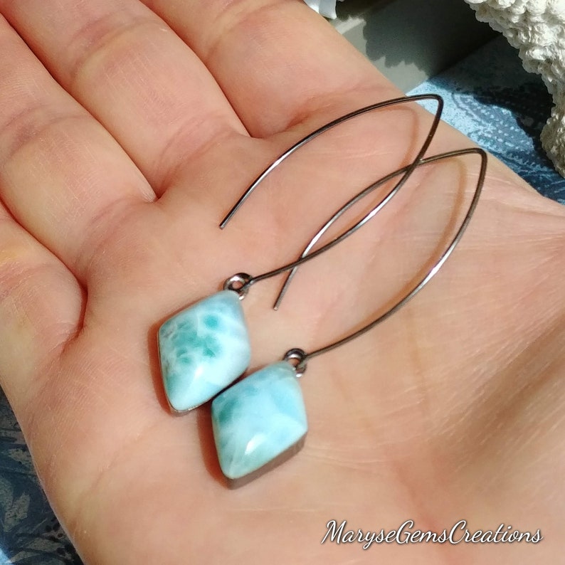 Kite Shape Larimar Earrings 3 Styles Genuine Larimar Sterling Silver Earrings Long hooks Hoops Real Larimar Silver Earrings Fancy Hooks