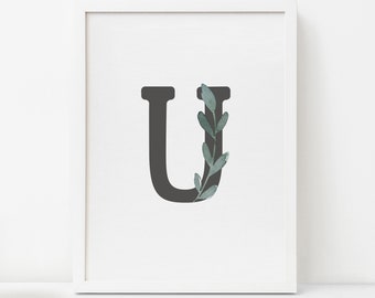 Baby Name Nursery Wall Art Baby Room Printable Letter U Initial Print Wedding Print Letter With Branch Wall Art Instant Download Art