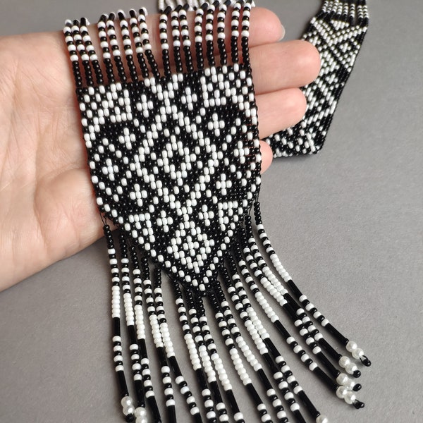 Funky monochrome black and white necklace Long beaded necklace Geometric tribal necklace