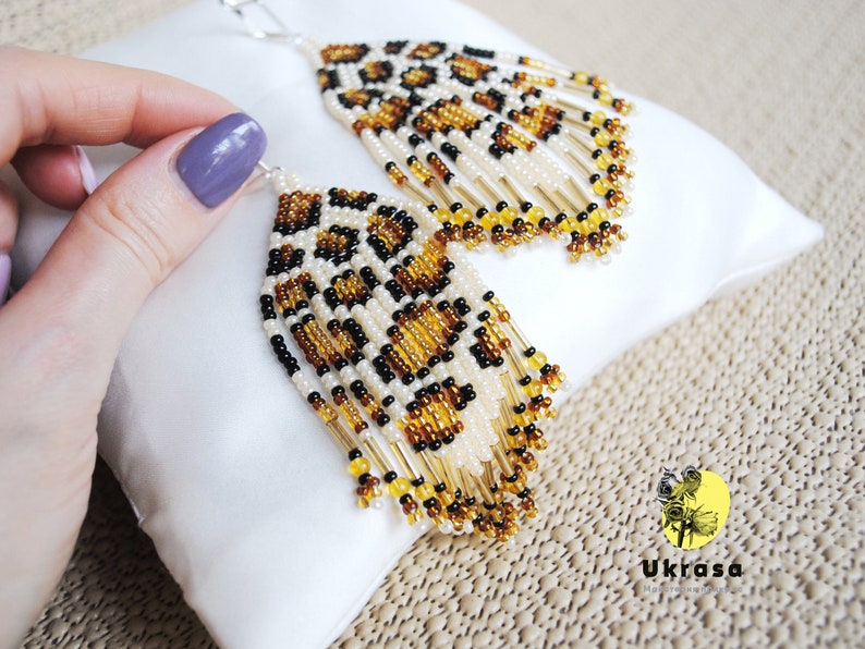 Leopard seed bead earrings for women Animal print earring Etsy