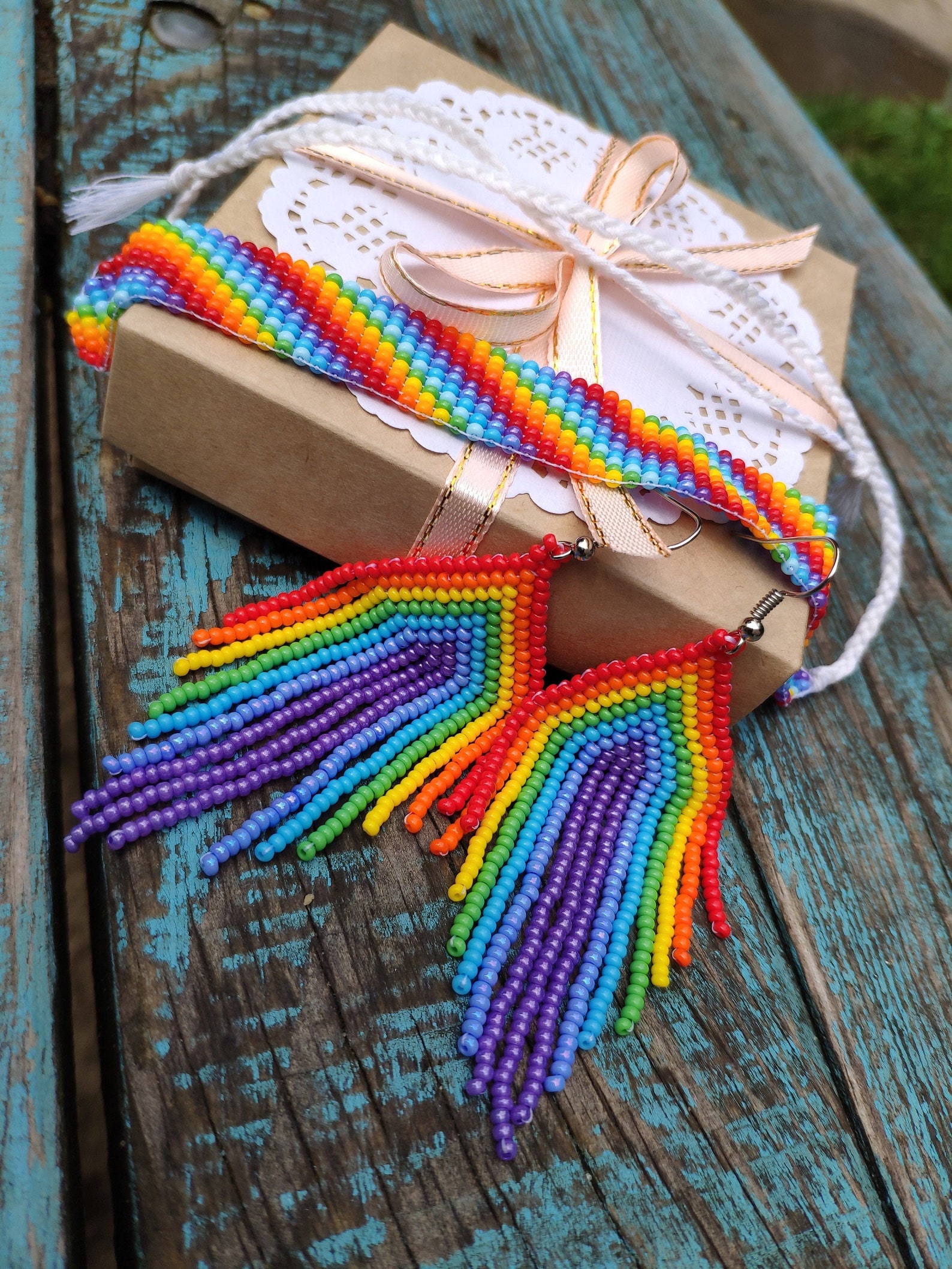 Rainbow beaded jewelry set Pride bracelet and earrings Lgbt Etsy