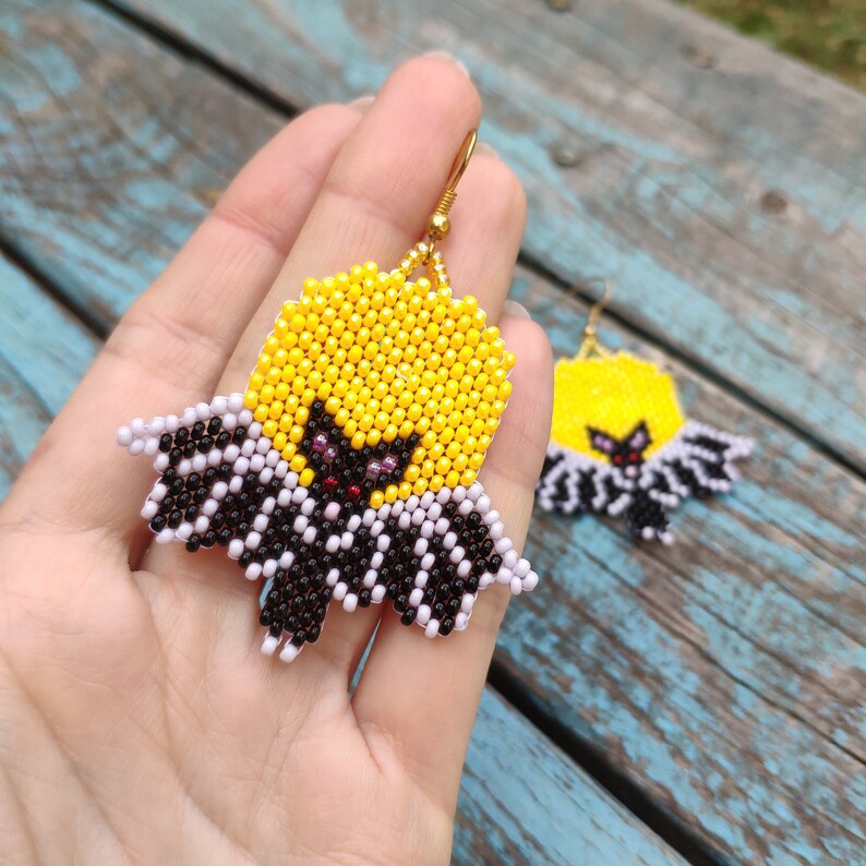 Beaded Black Bat Earrings Halloween Seed Bead Earring Bat Etsy