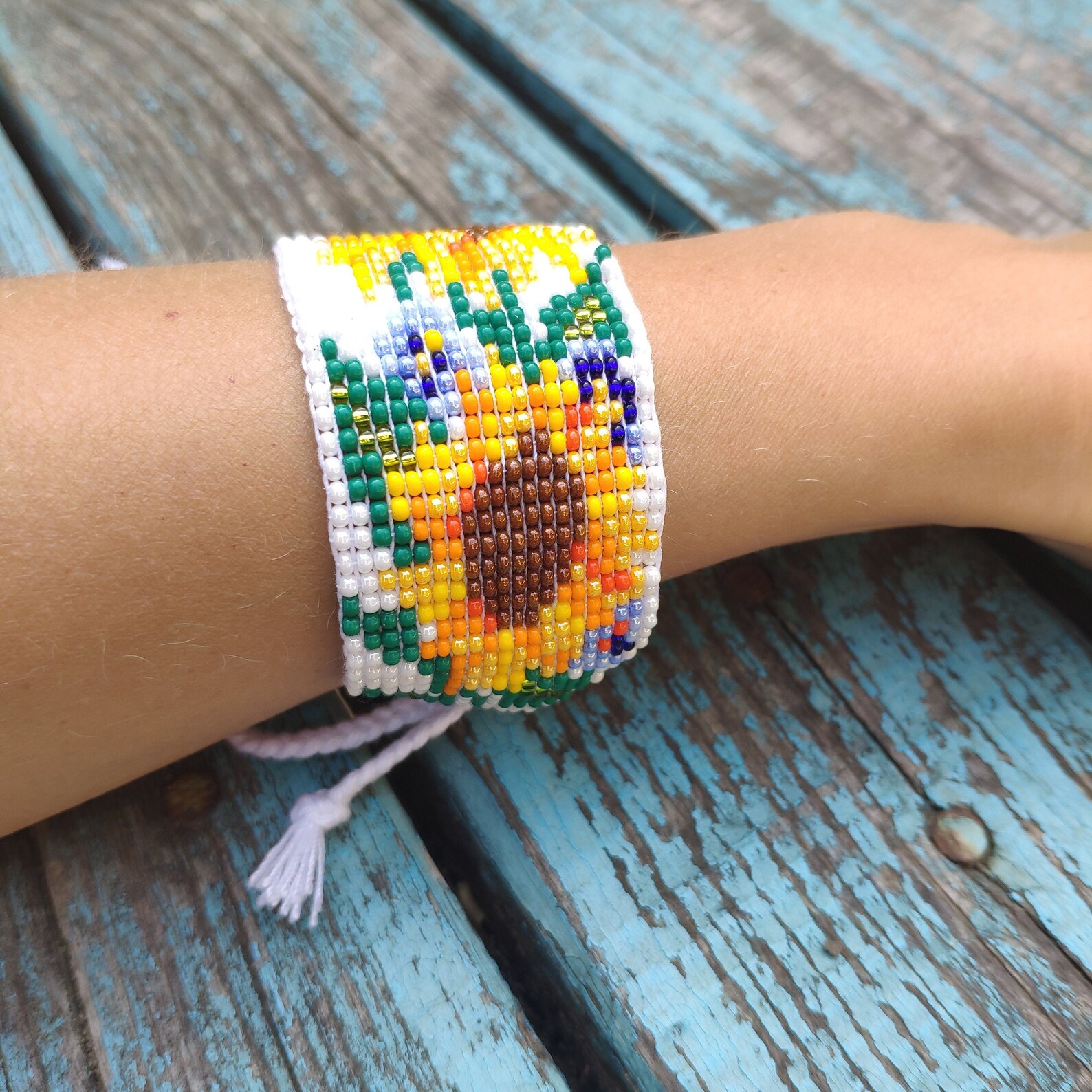 Sunflower beaded bracelet Adjustable Wide bracelet for women Etsy