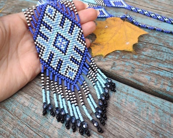 Ukrainian necklace Blue beaded necklace Long necklace with fringe Ethnic statement jewelry Ukraine shop