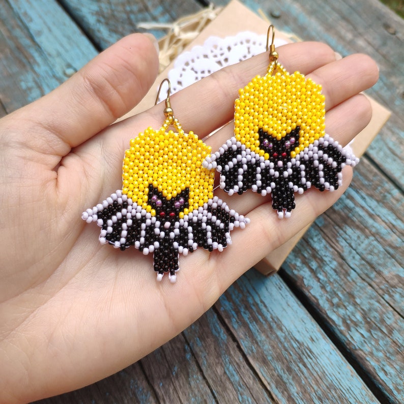 Beaded Black Bat Earrings Halloween Seed Bead Earring Bat Etsy