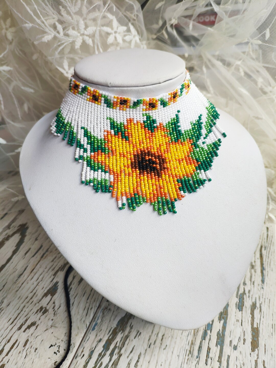 Sunflower Necklace Beaded Yellow Choker With Fringe Sunflower Etsy