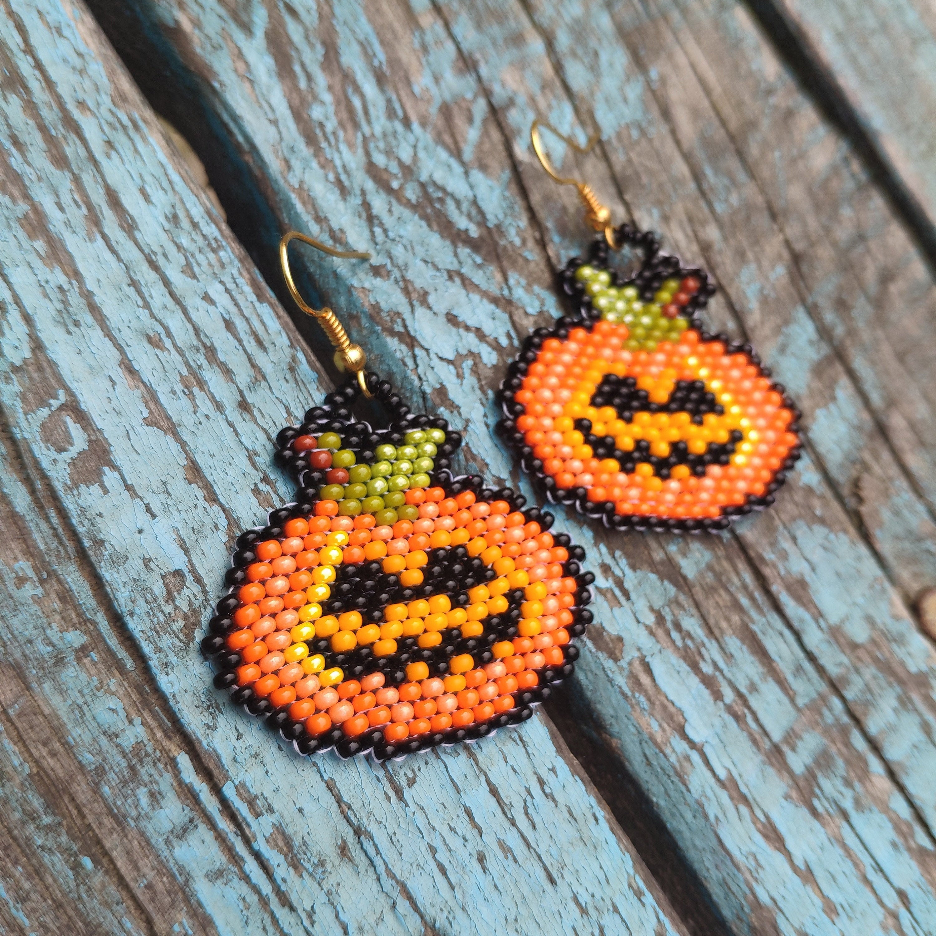 Pumpkin jewelry Orange seed bead earrings Halloween beaded Etsy