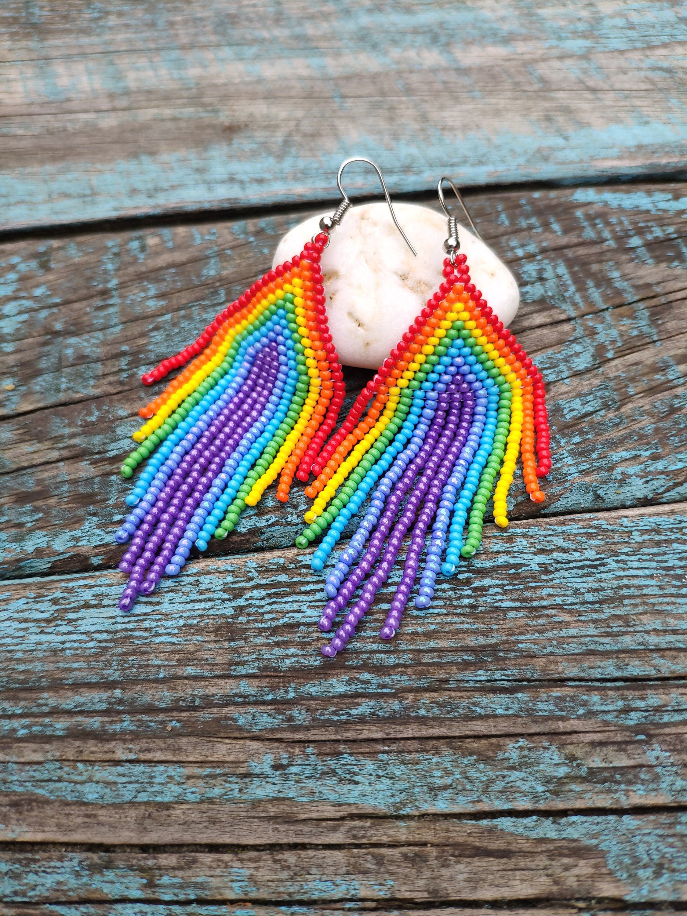 Rainbow Lesbian Earrings Seed Bead Fringe Earrings Colourful Bead