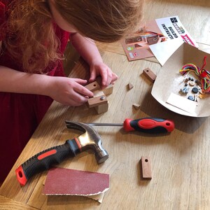 May include: A young person assembles a wooden toy kit. The kit includes a hammer, screwdriver, sandpaper, and wooden pieces. The instructions are visible in the background.