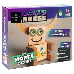 May include: A wooden monster building kit called "Morty the Monster" from Monster Makes by Ash & Co. The kit includes a hammer and screwdriver. The box is purple and green with a cartoon monster on the front.