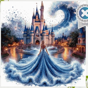 May include: Watercolor painting of a fairytale castle with a woman in a blue gown, the dress flowing like ocean waves. The castle has blue turrets and is set against a cloudy sky. A Tested badge is in the upper right corner.