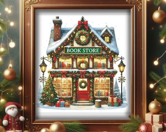 May include: A Christmas-themed illustration of a book store with a red door and a sign that reads "BOOK STORE". The store is decorated with wreaths, garlands, and lights. There are presents and a Christmas tree in front of the store.