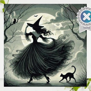 Puede incluir: Una silueta de una bruja con un vestido negro y un sombrero puntiagudo, bailando bajo la luna llena. Un gato negro camina a su lado en el bosque brumoso.