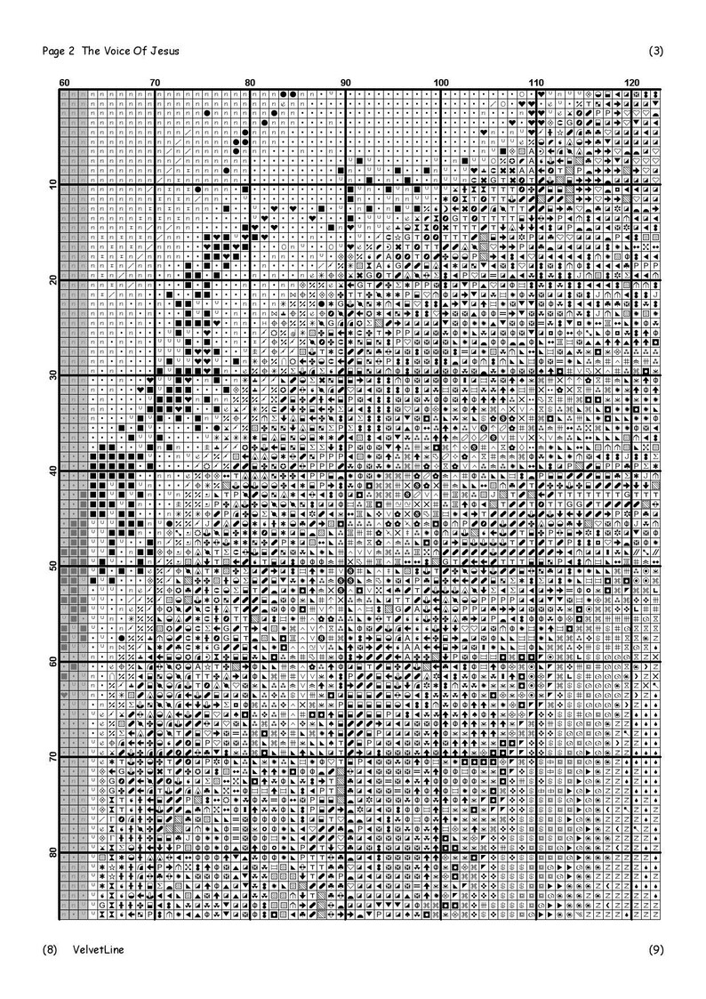 K&ouml;nnte beinhalten: Ein schwarz-wei&szlig;es Kreuzstich-Musterdiagramm mit einem Design eines menschlichen Gesichts. Das Diagramm ist mit "The Voice Of Jesus" beschriftet und befindet sich auf Seite 2 eines gr&ouml;&szlig;eren Projekts.