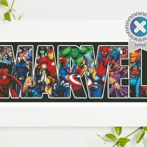 May include: A white card with the word "MARVEL" printed in black letters. The letters are filled with images of various Marvel characters, including Iron Man, Captain America, Thor, Hulk, and Spider-Man.