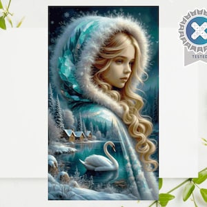 Puede incluir: Impresión artística digital de una mujer con cabello rubio largo, vestida con un abrigo con capucha turquesa con ribete de piel. La obra de arte representa una escena invernal con un cisne en un lago y árboles cubiertos de nieve. Una insignia "PROBADO" está en la esquina superior derecha.