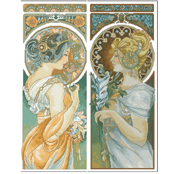 2 Stickmuster von Alphonse Mucha Kreuzstichmuster DMC, Pattern keeper Kompatibel