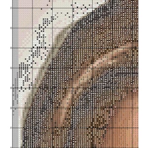 K&ouml;nnte beinhalten: Eine Nahaufnahme eines Kreuzstich-Musters mit einem detaillierten Portr&auml;t von Jesus Christus. Das Bild ist in Braun-, Beige- und Wei&szlig;t&ouml;nen gehalten, mit einem dar&uuml;bergelegten Gittermuster.