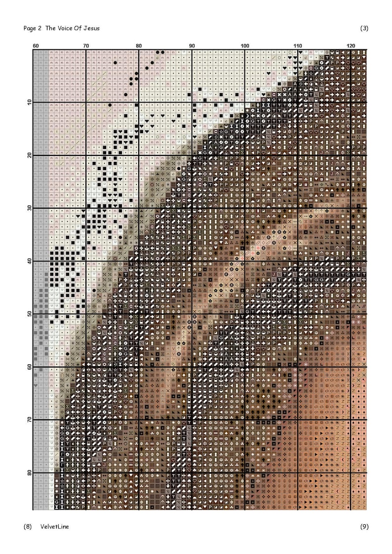 K&ouml;nnte beinhalten: Eine Nahaufnahme eines Kreuzstich-Musters mit einem detaillierten Portr&auml;t von Jesus Christus. Das Bild ist in Braun-, Beige- und Wei&szlig;t&ouml;nen gehalten, mit einem dar&uuml;bergelegten Gittermuster.