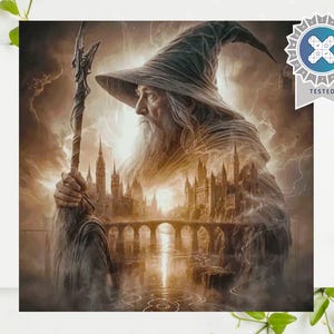Puede incluir: Una impresión artística de fantasía que presenta a un mago con una larga barba blanca y un sombrero alto, sosteniendo un bastón. La imagen tiene un castillo y un puente en el fondo, con un cielo tormentoso. La impresión tiene una insignia "TESTED".