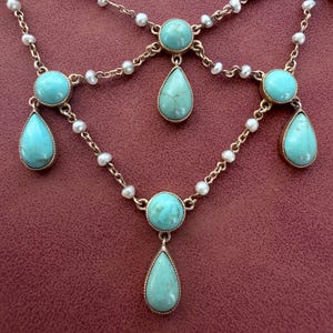Antique Festoon Fine Turquoise Seed Pearl 9k Gold Necklace image 4
