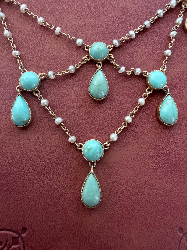 Antique Festoon Fine Turquoise Seed Pearl 9k Gold Necklace image 4