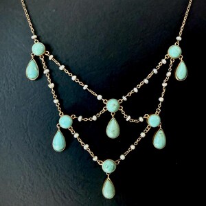 Edwardian 9 karat gold British festoon turquoise and pearl necklace