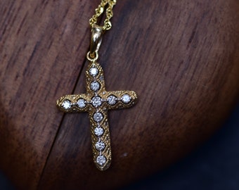 Estate 14 Karat Gold Diamond Cross Pendant and Chain