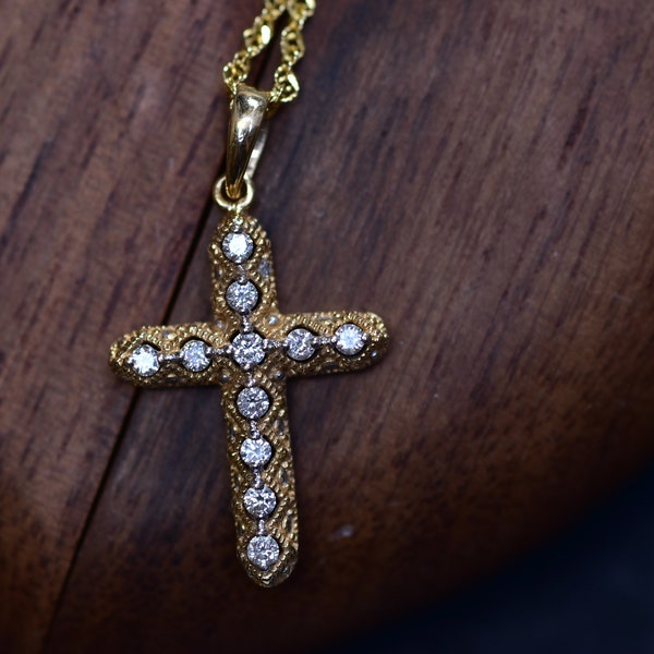 Estate 14 Karat Gold Diamond Cross Pendant and Chain