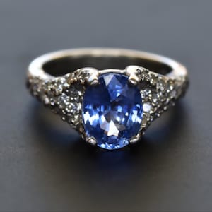 Platinum Ceylon Sapphire Diamond Ring – Vintage Cocktail Engagement Fine Jewelry